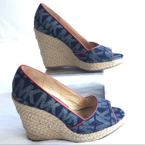 Michael Kors Cabana Wedge Denim Monogram Sz 6.5